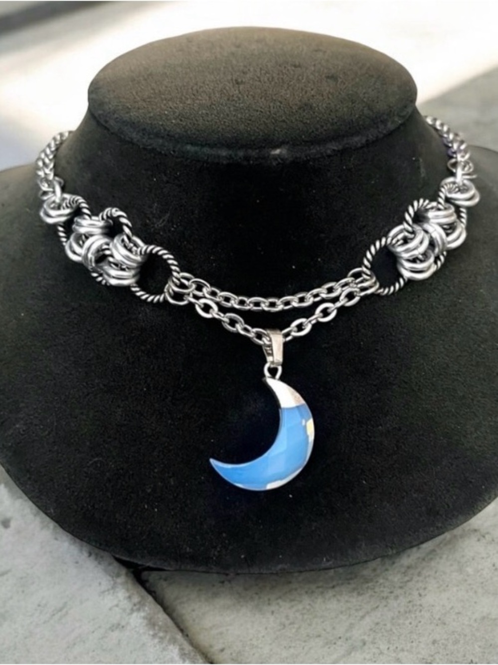 Handmade maille choker necklace with iridescent blue opalite crescent moon charm